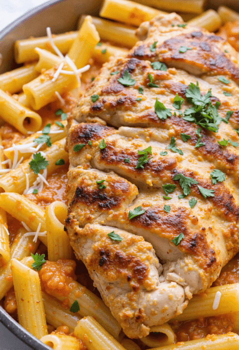 Close-up of creamy Cajun chicken pasta with grilled chicken breast, ziti pasta, and rich orange-hued cream sauce garnished with fresh parsley and shredded parmesan.