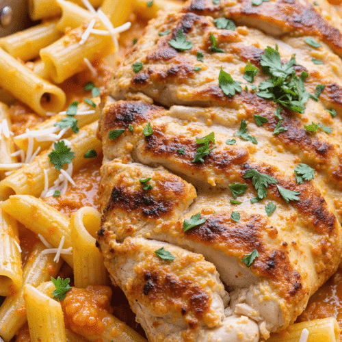Close-up of creamy Cajun chicken pasta with grilled chicken breast, ziti pasta, and rich orange-hued cream sauce garnished with fresh parsley and shredded parmesan.