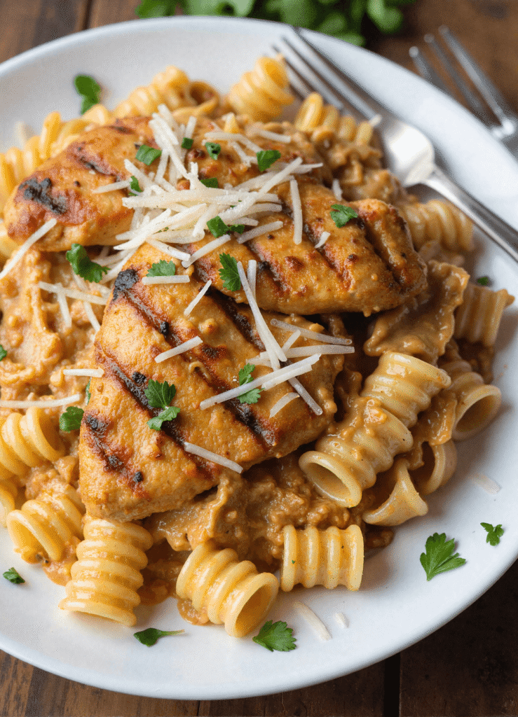 Grilled Cajun-seasoned chicken served on creamy rotini pasta with parmesan topping and fresh parsley, plated on a white dish with a rustic wooden background.