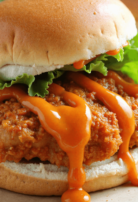 Close-up of crispy bang bang chicken sliders on sesame buns with shredded lettuce and spicy mayo drizzle.