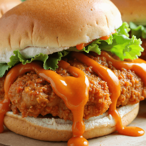 Close-up of crispy bang bang chicken sliders on sesame buns with shredded lettuce and spicy mayo drizzle.