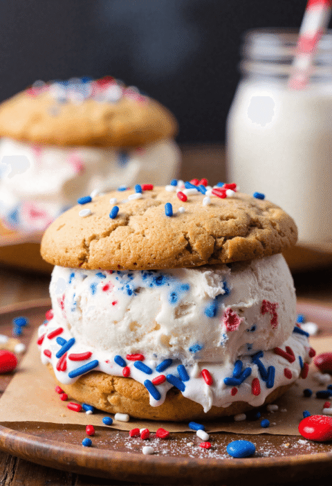 Patriotic ice cream sandwich made with vanilla ice cream and star sprinkles between chewy cookies.