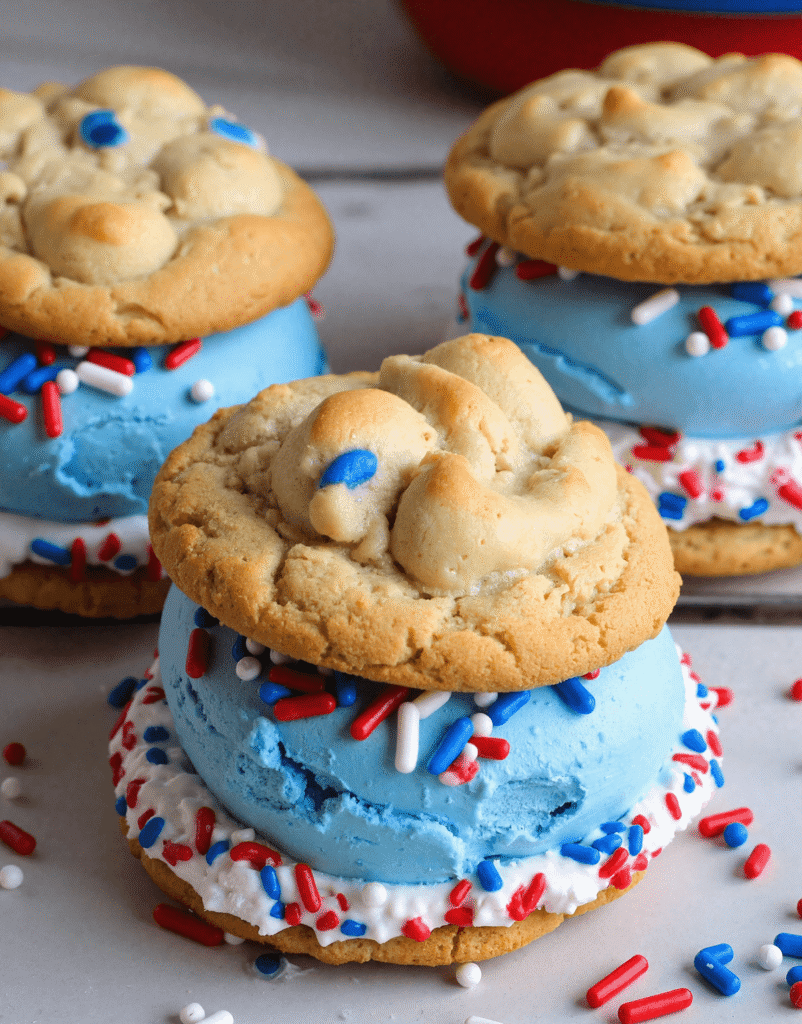 Close-up of Fourth of July ice cream sandwich made with soft vanilla cookies and blue ice cream, coated in red, white, and blue sprinkles.