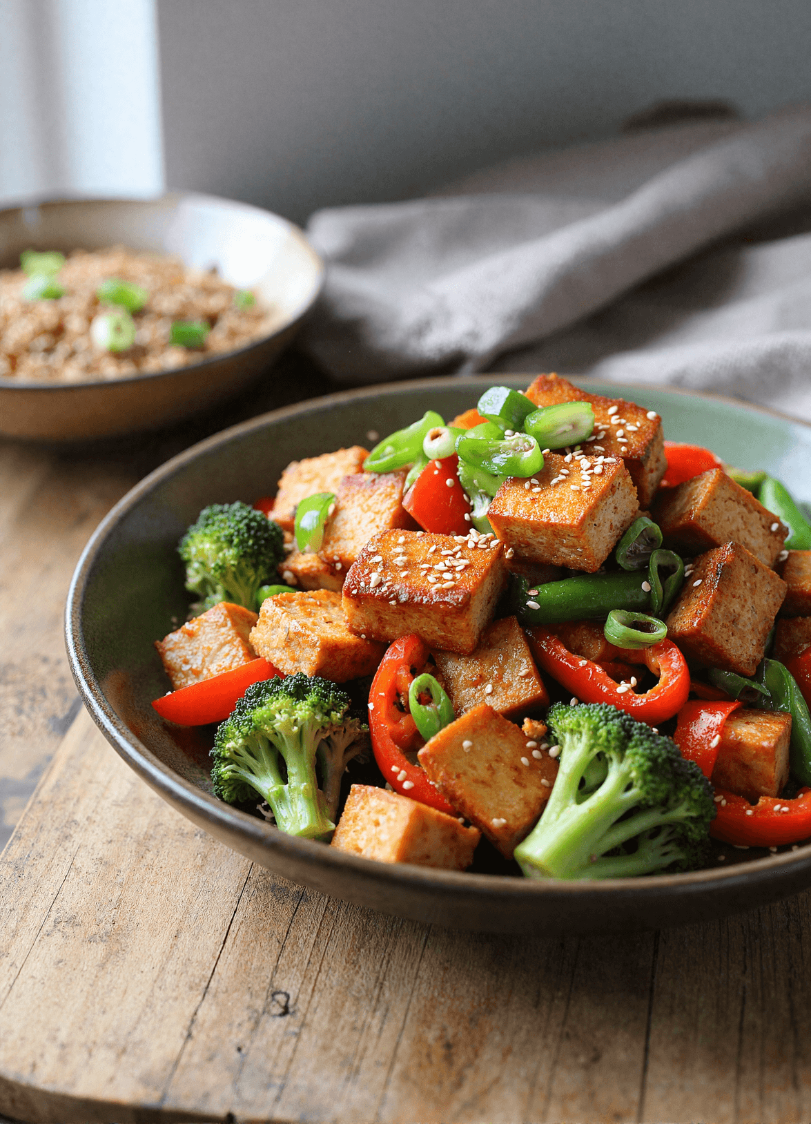 A vibrant bowl of garlic soy tofu stir-fry featuring crispy tofu cubes, broccoli florets, red bell peppers, and scallions served in a dark ceramic bowl.