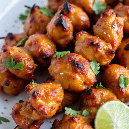 Grilled Bang Bang Chicken Skewers arranged on a white plate, brushed with creamy Bang Bang sauce and garnished with fresh cilantro. Perfect for summer grilling and easy weeknight chicken dinners.