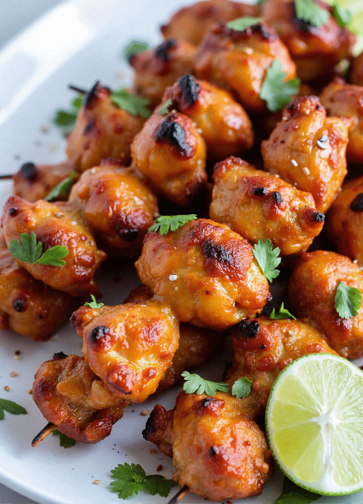 Grilled Bang Bang Chicken Skewers arranged on a white plate, brushed with creamy Bang Bang sauce and garnished with fresh cilantro. Perfect for summer grilling and easy weeknight chicken dinners.
