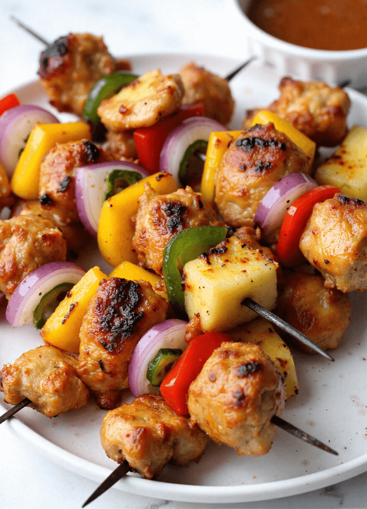 Grilled chicken skewers with pineapple, bell peppers, cherry tomatoes, red onion, and zucchini on wooden sticks served on a white platter.