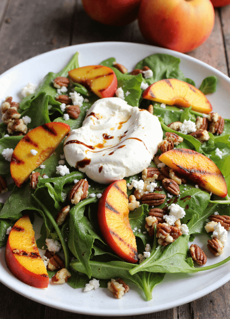 Grilled peach and burrata arugula salad with balsamic glaze, toasted pecans, and goat cheese on a white plate