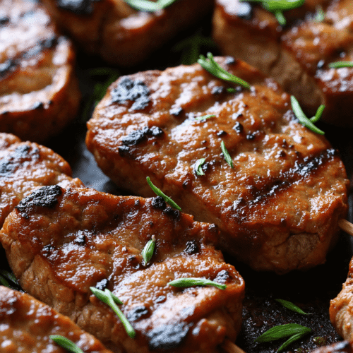Close-up of grilled rosemary garlic steak skewers with beautiful char marks and garnished with fresh herbs.