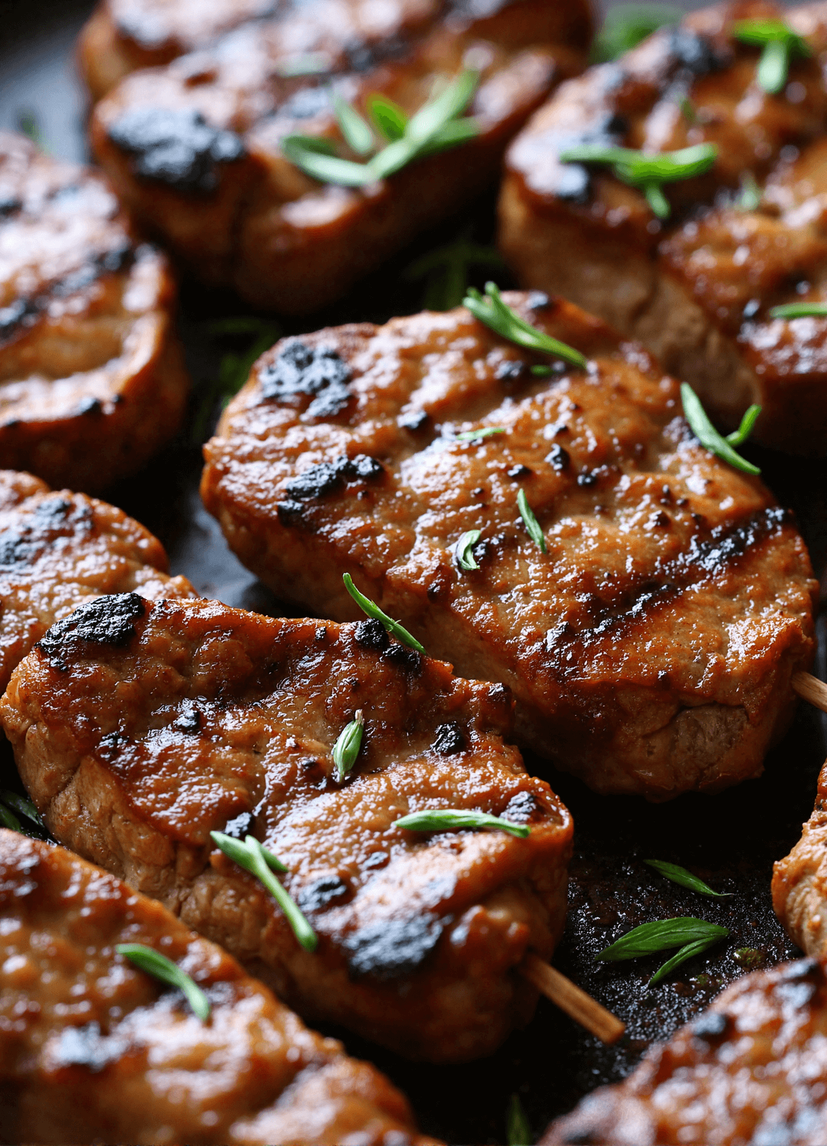 Close-up of grilled rosemary garlic steak skewers with beautiful char marks and garnished with fresh herbs.