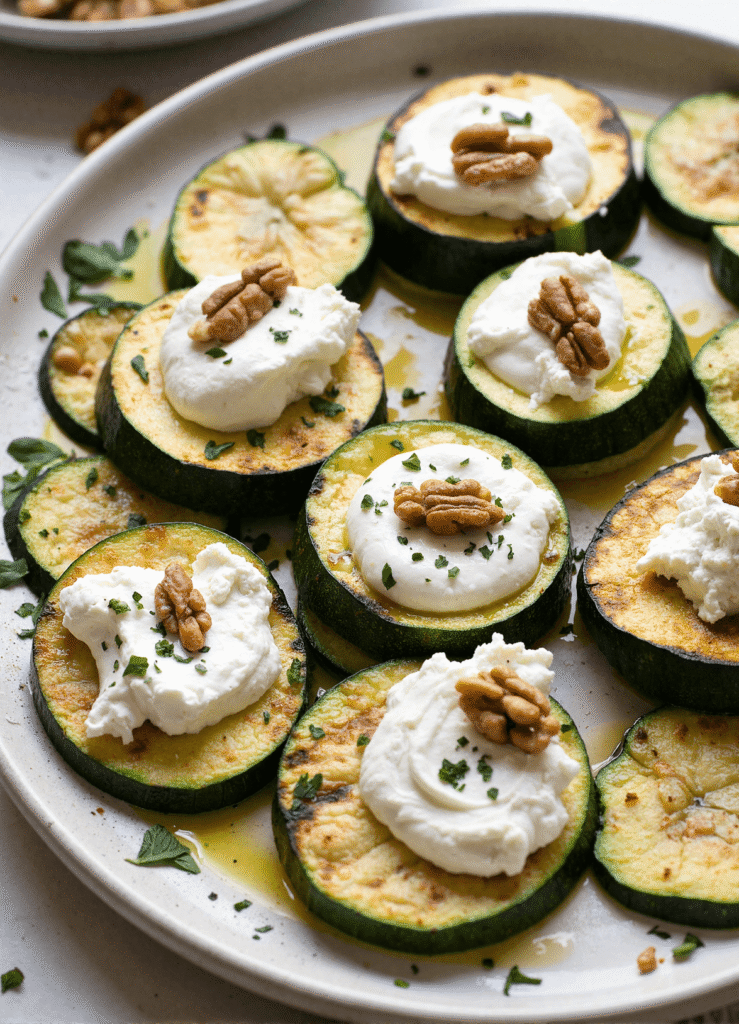 Grilled zucchini slices topped with creamy ricotta and toasted walnuts on a white plate with olive oil drizzle