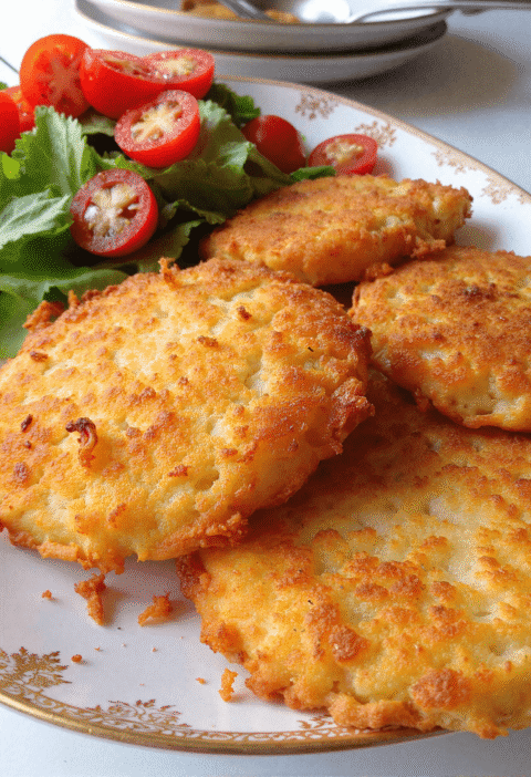 Healthy crispy hashbrowns plated with fresh salad greens and cherry tomatoes on a vintage dish.