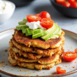 Stack of healthy hashbrown chaffles topped with fresh avocado slices, cherry tomatoes, and a dollop of sour cream on a ceramic plate.