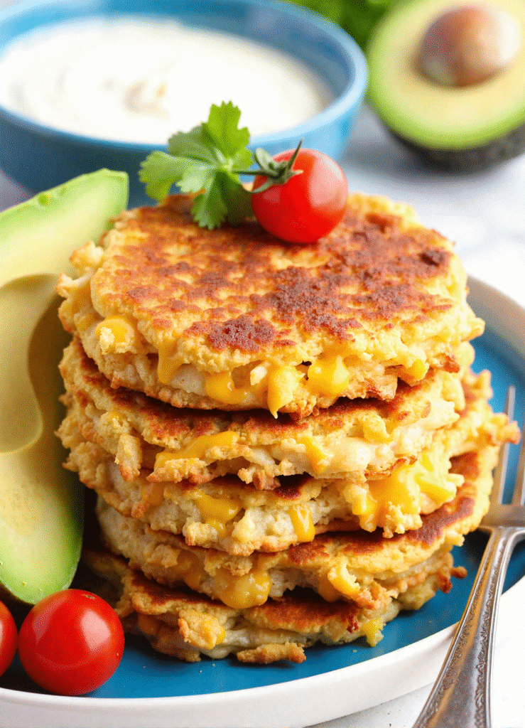 Stack of healthy hashbrown chaffles topped with fresh avocado slices, cherry tomatoes, and a dollop of sour cream on a ceramic plate.