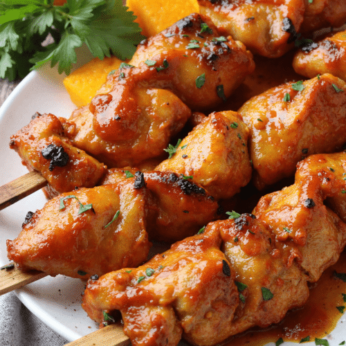 Close-up of grilled honey chipotle chicken skewers with golden caramelized glaze, served with fresh herbs and orange slices on a white plate.