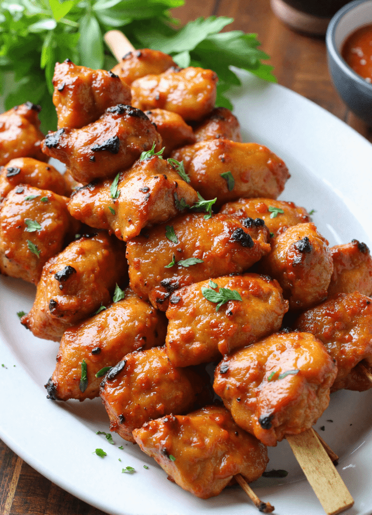 Grilled honey chipotle chicken skewers stacked on a white platter, glazed with sweet and smoky honey chipotle sauce and garnished with fresh herbs.