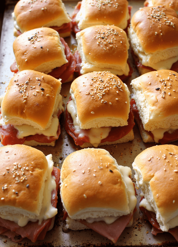 Close-up of a tray of Italian grinder sliders topped with herb butter and stuffed with melted cheese and deli meats.