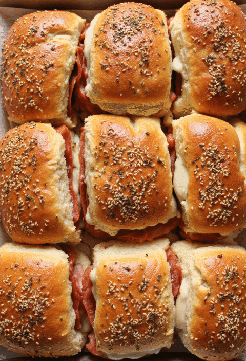 Baked Italian grinder sliders with melted cheese, deli meats, and sesame seed buns on a sheet pan.