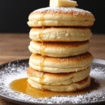 Tall stack of fluffy Japanese soufflé pancakes topped with butter and maple syrup drizzle on a black plate, dusted with powdered sugar.