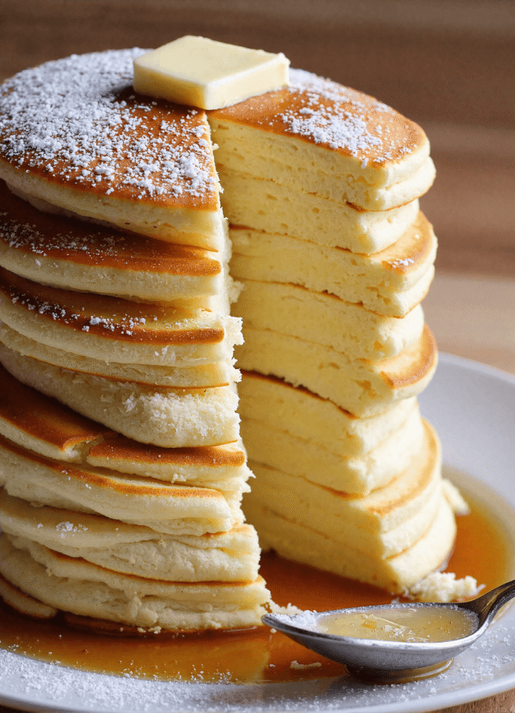 Japanese soufflé pancakes sliced to reveal fluffy interior, stacked tall with powdered sugar and butter on top, served with maple syrup.