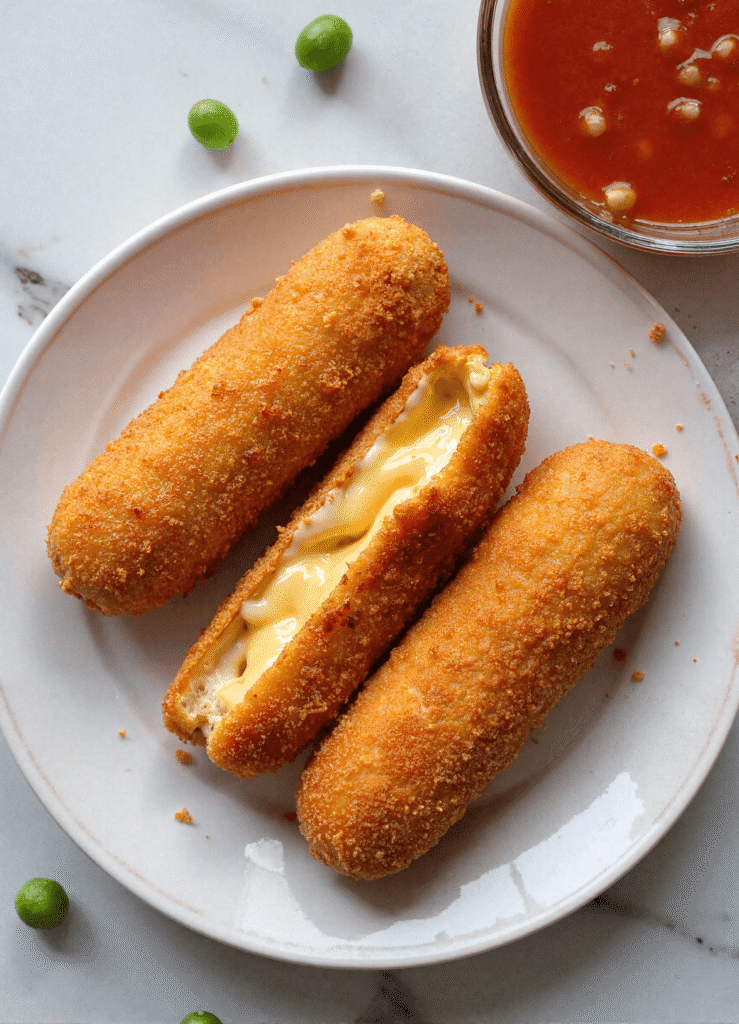 Three Korean corn dogs on a white plate, with one cut open showing a gooey mozzarella cheese pull, served next to a bowl of dipping sauce.
