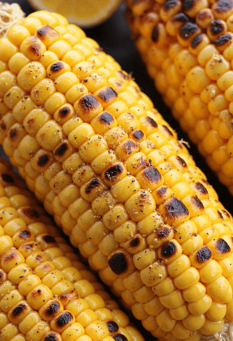 Charred lemon pepper corn on the cob glistening with melted butter and cracked black pepper.