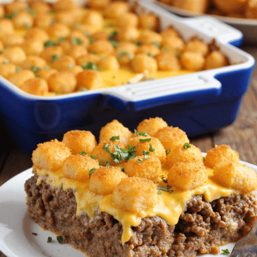 Loaded cheeseburger tater tot casserole featuring ground beef, mixed vegetables, crispy tater tots, melted cheese, and fresh parsley served on a ceramic plate.