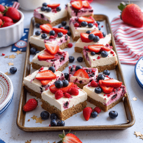 Tray of no-bake patriotic cheesecake bars topped with strawberries and blueberries for Independence Day