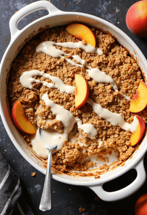 A casserole dish filled with peaches ‘n cream baked oatmeal topped with sliced peaches and cream drizzle