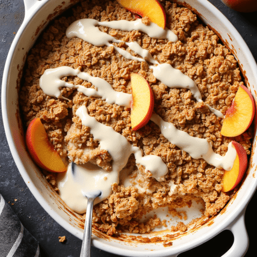 A casserole dish filled with peaches ‘n cream baked oatmeal topped with sliced peaches and cream drizzle
