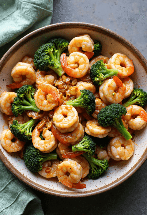 Healthy shrimp stir fry with broccoli and garlic sauce served in a ceramic bowl on a dark stone background.