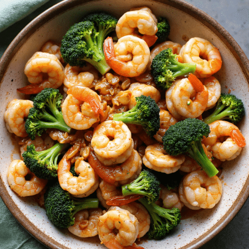 Healthy shrimp stir fry with broccoli and garlic sauce served in a ceramic bowl on a dark stone background.