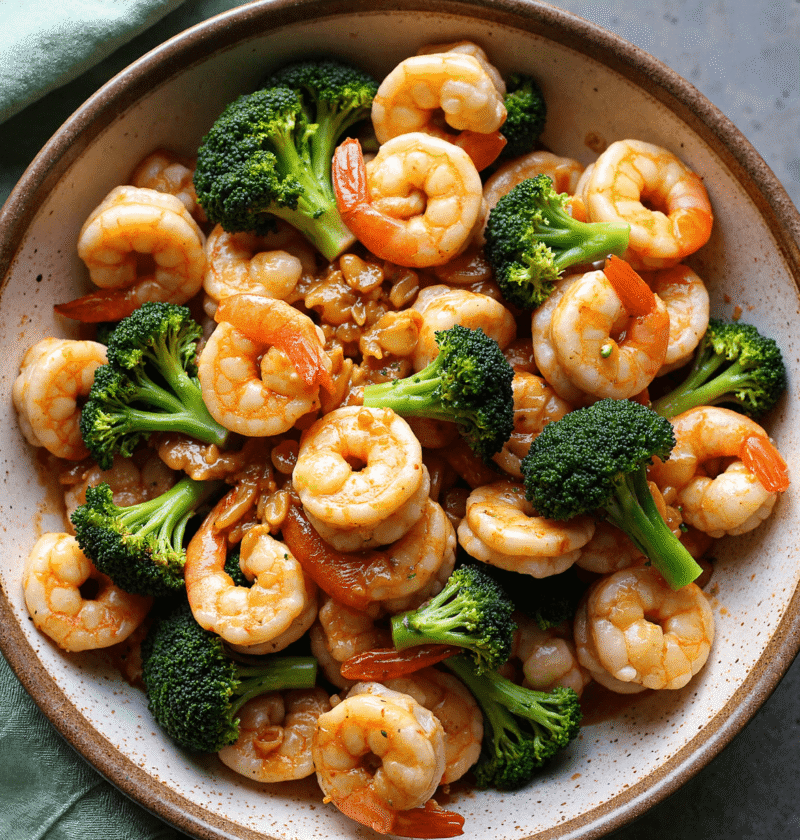 Healthy shrimp stir fry with broccoli and garlic sauce served in a ceramic bowl on a dark stone background.