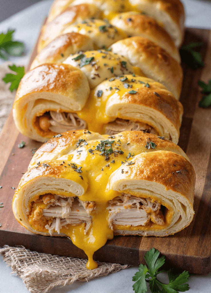 Sliced quick cheesy chicken wrap breakfast braid with melted cheese and herbs on wooden board