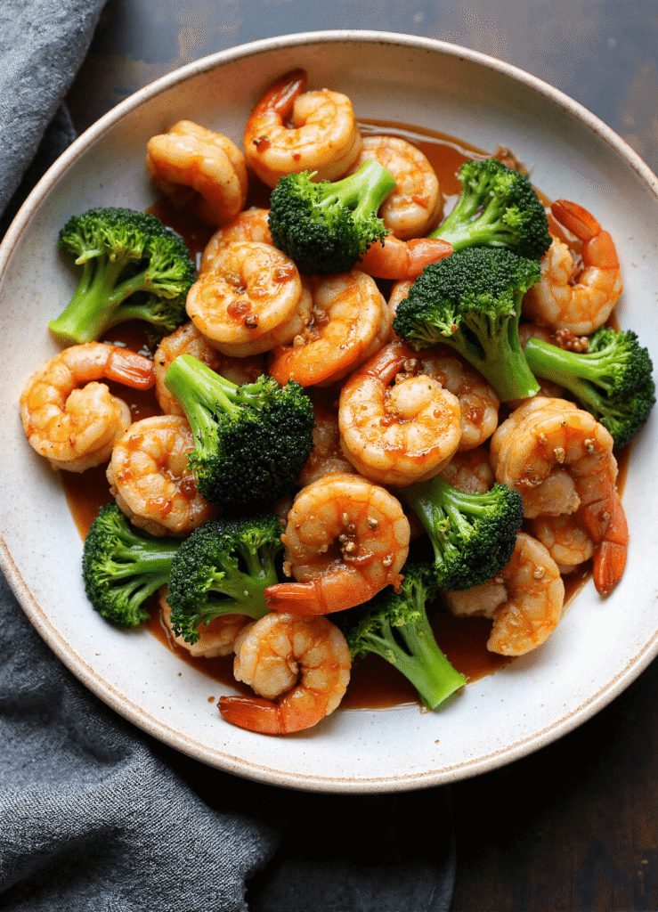 Bowl of protein-packed shrimp and broccoli stir fry coated in garlic soy sauce, served hot on a rustic ceramic plate.