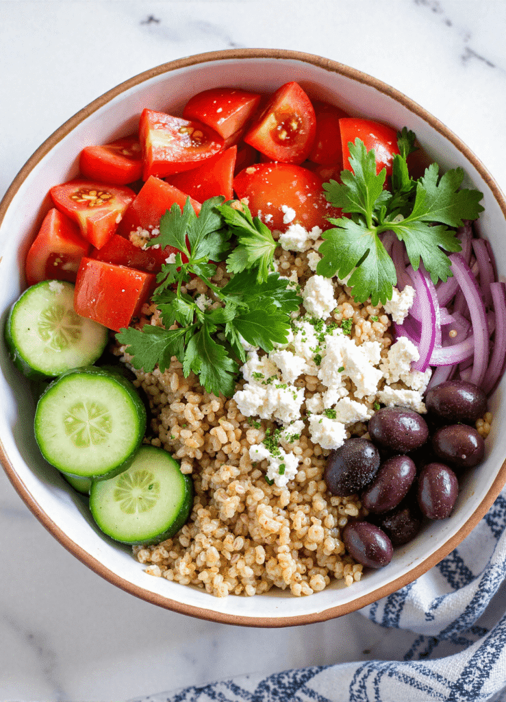 Healthy quinoa Greek salad with tomatoes, cucumbers, olives, red onions, and feta in a white bowl