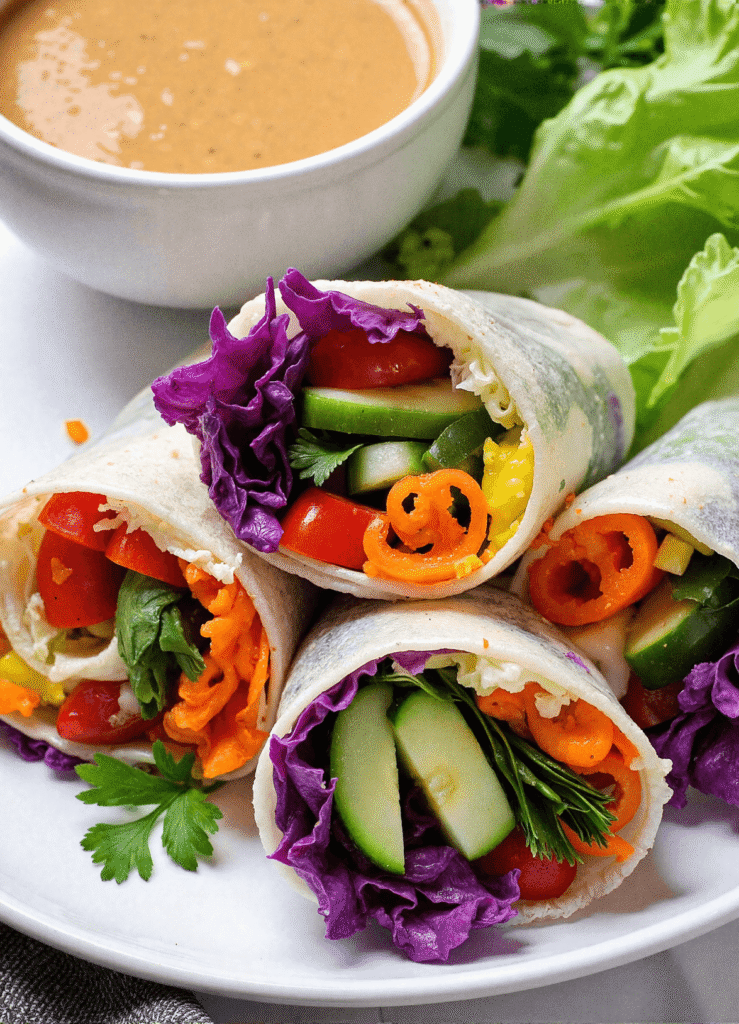 Plated rainbow veggie rice paper rolls with peanut dipping sauce, filled with purple cabbage, carrots, cucumber, bell peppers, and herbs