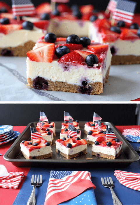 Patriotic cheesecake bars topped with fresh strawberries and blueberries on a graham cracker crust