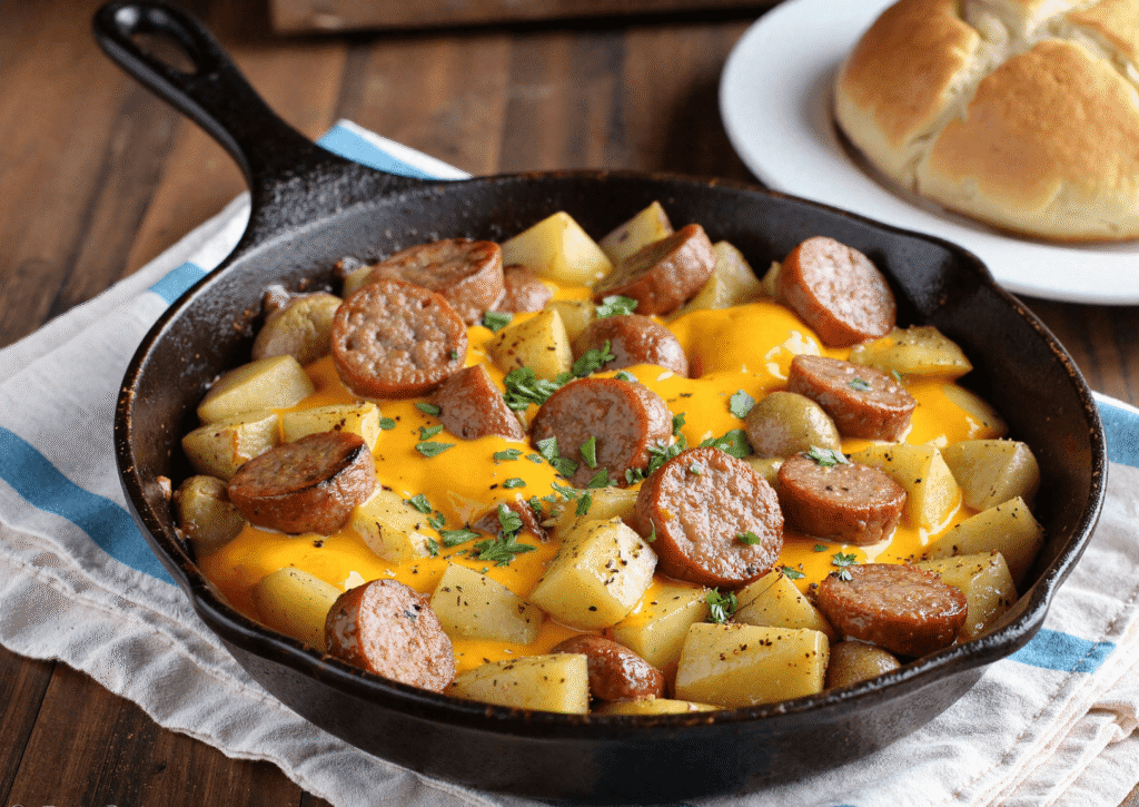 Cast iron skillet filled with melted cheddar, smoked sausage rounds, and roasted potatoes served on a rustic kitchen towel.