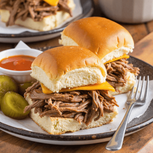 Two slow cooker chipotle brisket sliders topped with cheddar cheese on soft brioche buns, served with pickles and barbecue sauce.