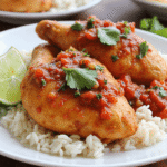 Slow cooker salsa chicken breasts served over white rice, topped with tomato salsa and fresh cilantro