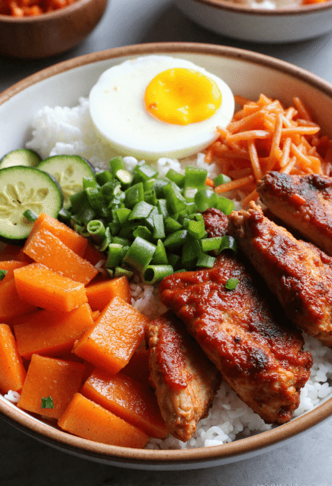 Spicy Korean BBQ chicken rice bowl with sesame seeds, hard-boiled egg, julienned carrots, zucchini, and jasmine rice.