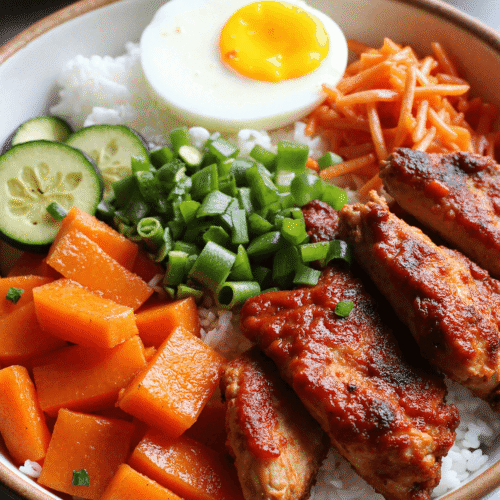Spicy Korean BBQ chicken rice bowl with sesame seeds, hard-boiled egg, julienned carrots, zucchini, and jasmine rice.