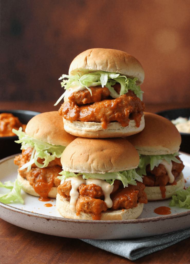 Stacked spicy chicken sliders with shredded lettuce and creamy chili sauce on soft buns.