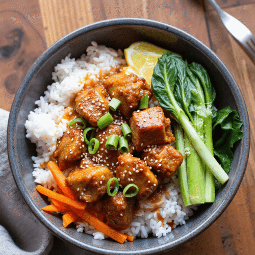 Bowl of sticky ginger rice topped with glazed tofu, steamed bok choy, shredded carrots, and green onions.