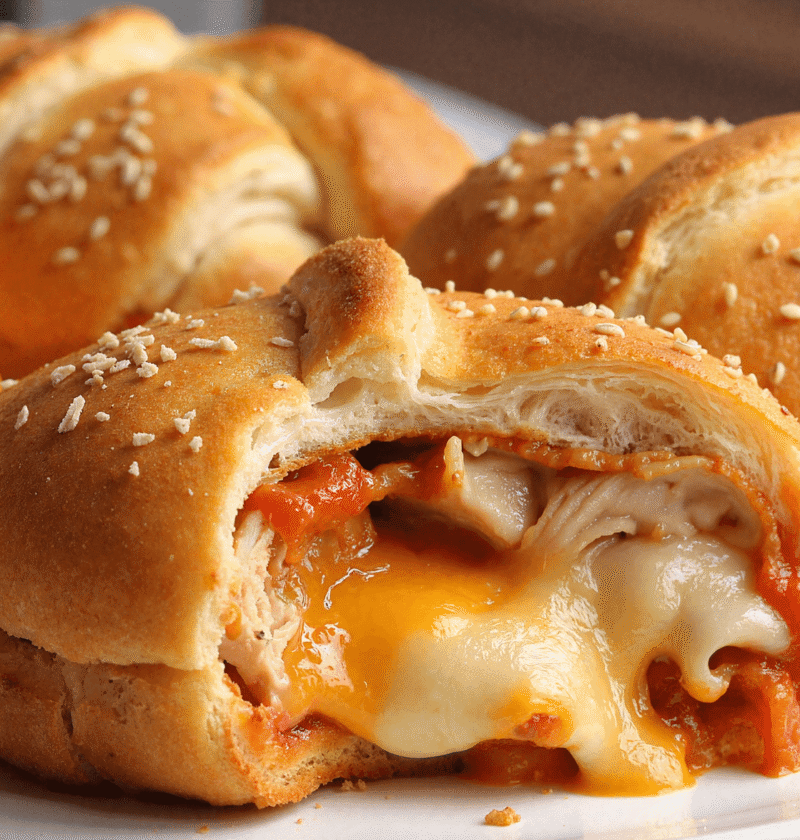 Close-up of a chicken parmesan pillow revealing melted mozzarella, cheddar, and marinara inside flaky crescent dough.