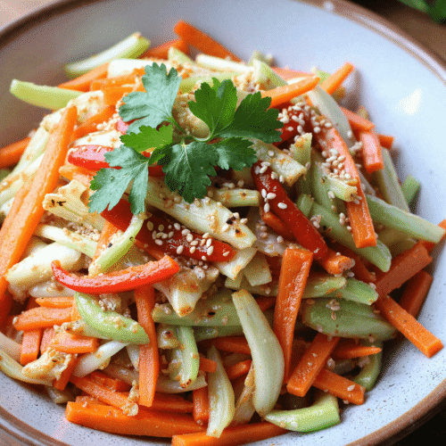 Bowl of sweet and spicy Asian slaw with julienned carrots, celery, bell peppers, and sesame seeds garnished with fresh parsley