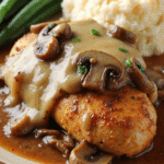 Close-up of seasoned grilled chicken breast smothered in rich mushroom gravy, paired with mashed potatoes and steamed green beans on a rustic plate.