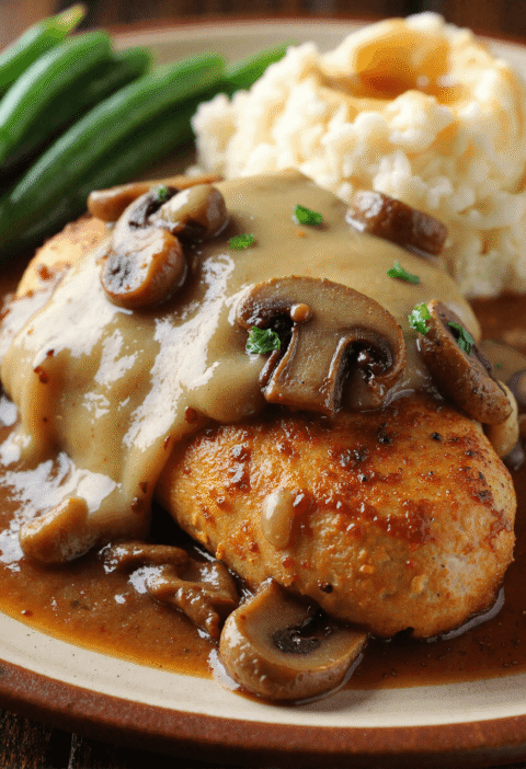 Close-up of seasoned grilled chicken breast smothered in rich mushroom gravy, paired with mashed potatoes and steamed green beans on a rustic plate.