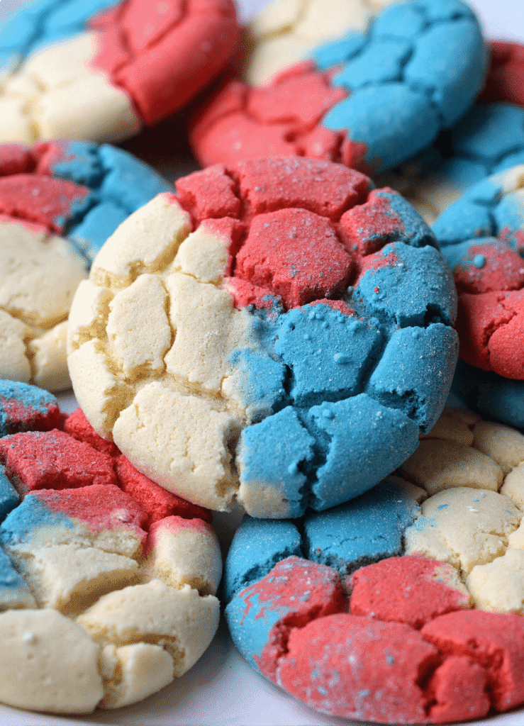 Tri-color red, white, and blue chewy crinkle cookies close-up for Fourth of July dessert table